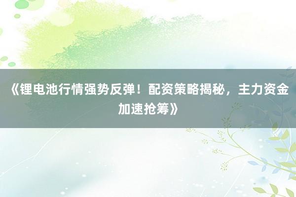 《锂电池行情强势反弹！配资策略揭秘，主力资金加速抢筹》